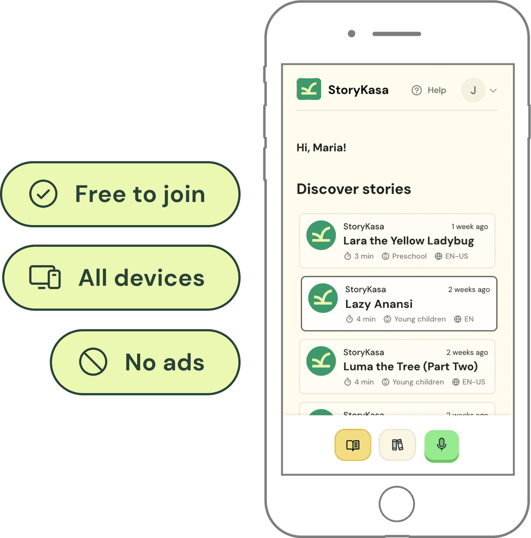 A phone mockup showing the StoryKasa interface